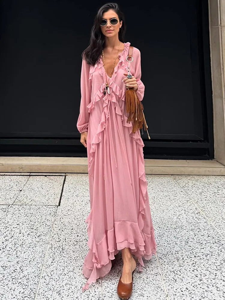 Women's Boho Maxi Dress Pink Size M Lightweight Pleated Fabric 3