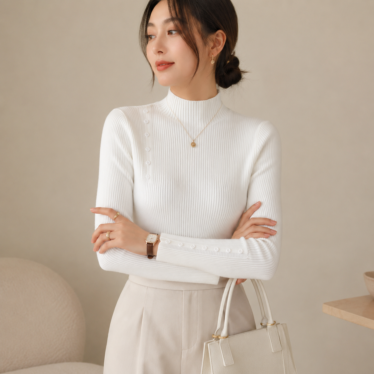Women's Elegant Ribbed Knit Sweater with Buttons 0