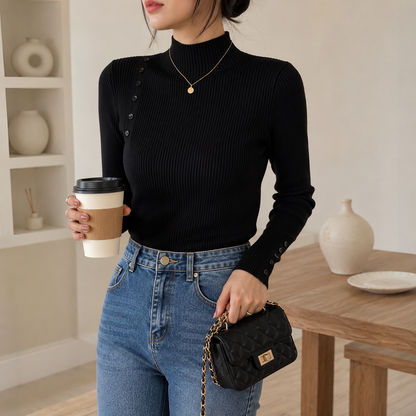 Women's Elegant Ribbed Knit Sweater with Buttons 1