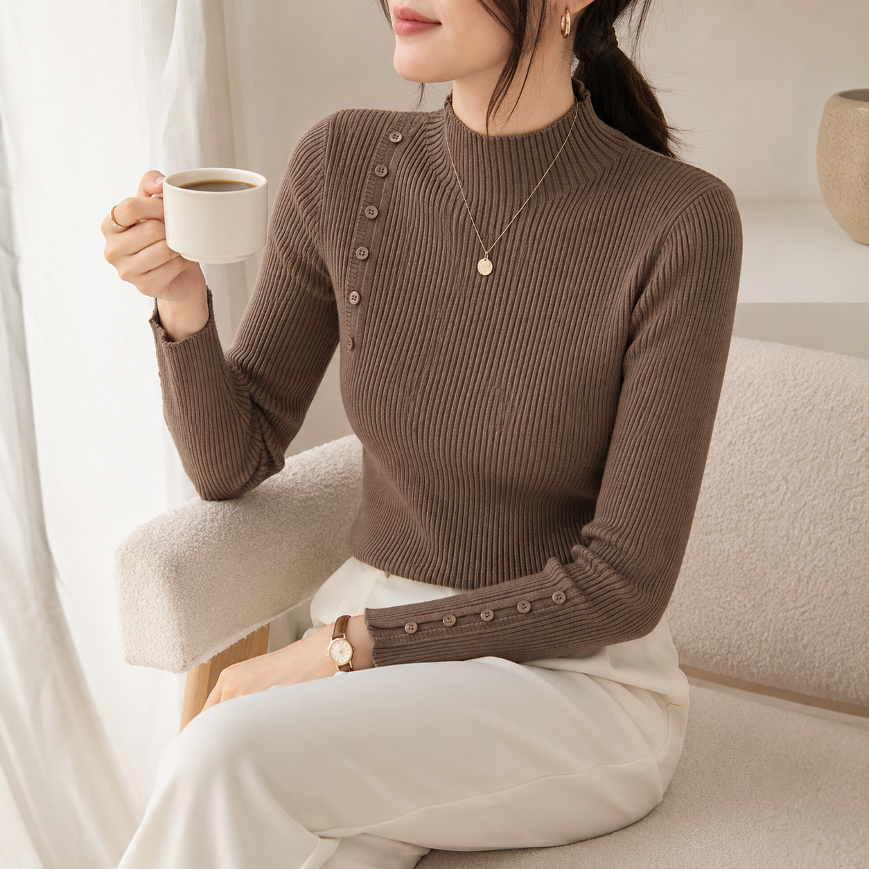 Women's Elegant Ribbed Knit Sweater with Buttons 3