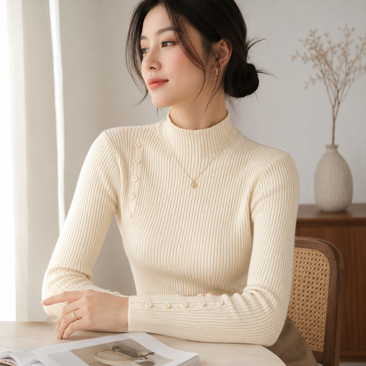 Women's Elegant Ribbed Knit Sweater with Buttons 5
