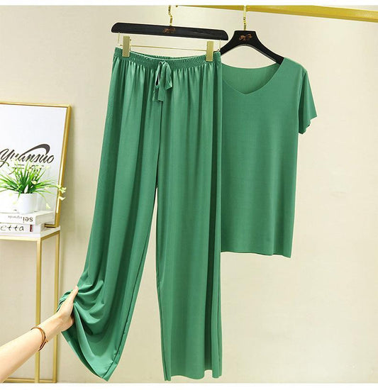 Women's Modal V-Neck T-Shirt and High-Waisted Pants Set | Loungewear Pajama Set 0