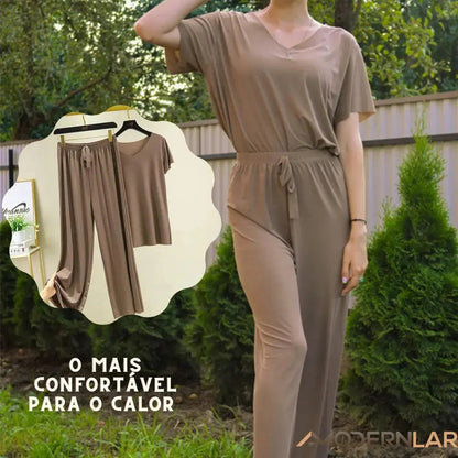 Women's Modal V-Neck T-Shirt and High-Waisted Pants Set | Loungewear Pajama Set 1