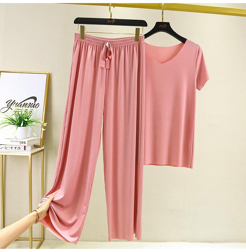 Women's Modal V-Neck T-Shirt and High-Waisted Pants Set | Loungewear Pajama Set 2