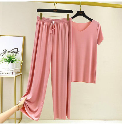 Women's Modal V-Neck T-Shirt and High-Waisted Pants Set | Loungewear Pajama Set 2