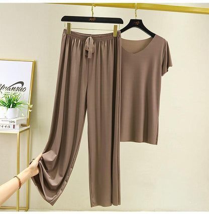 Women's Modal V-Neck T-Shirt and High-Waisted Pants Set | Loungewear Pajama Set 3
