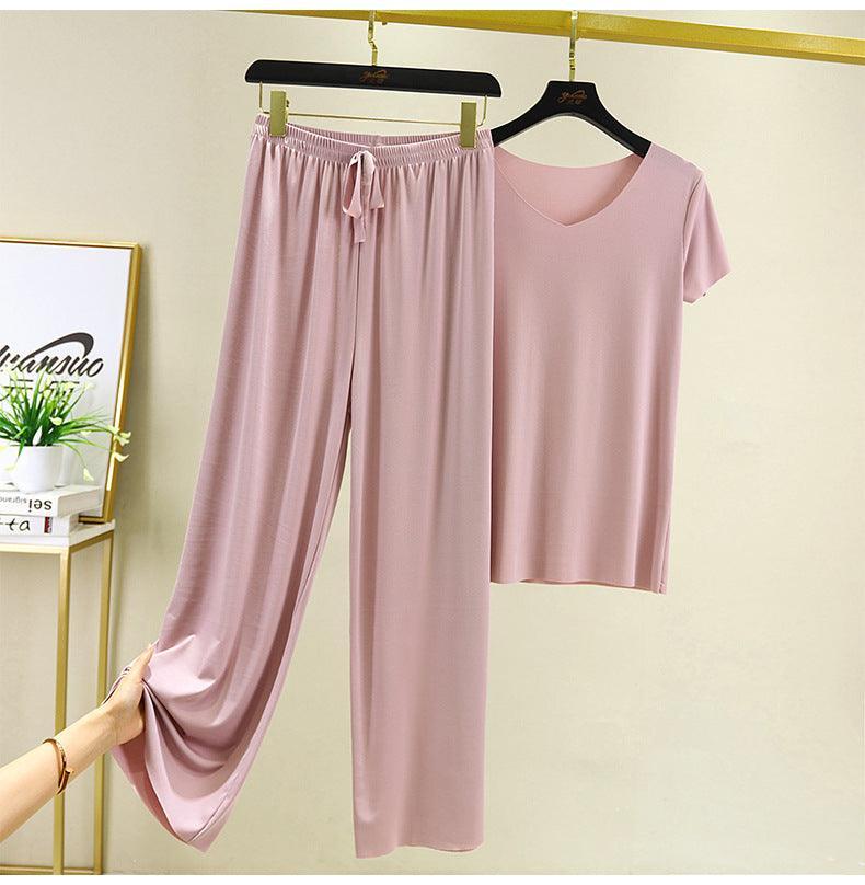 Women's Modal V-Neck T-Shirt and High-Waisted Pants Set | Loungewear Pajama Set 4