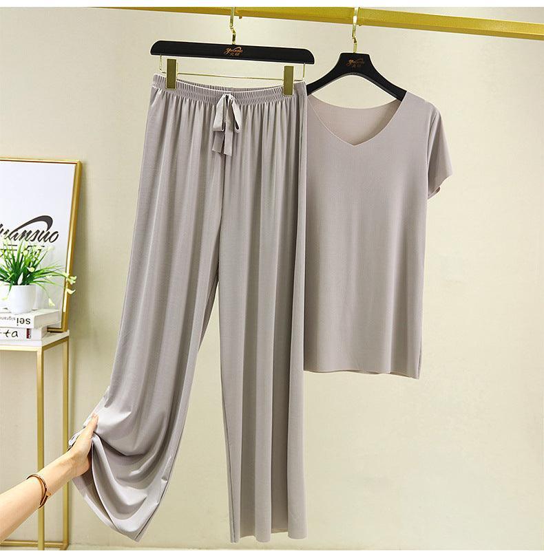 Women's Modal V-Neck T-Shirt and High-Waisted Pants Set | Loungewear Pajama Set 5