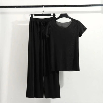 Women's Modal V-Neck T-Shirt and High-Waisted Pants Set | Loungewear Pajama Set 6