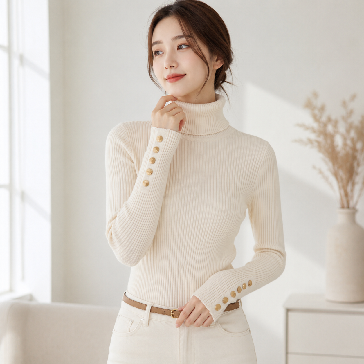 Women's Turtleneck Knit Sweater with Buttons | Winter Sweater 0