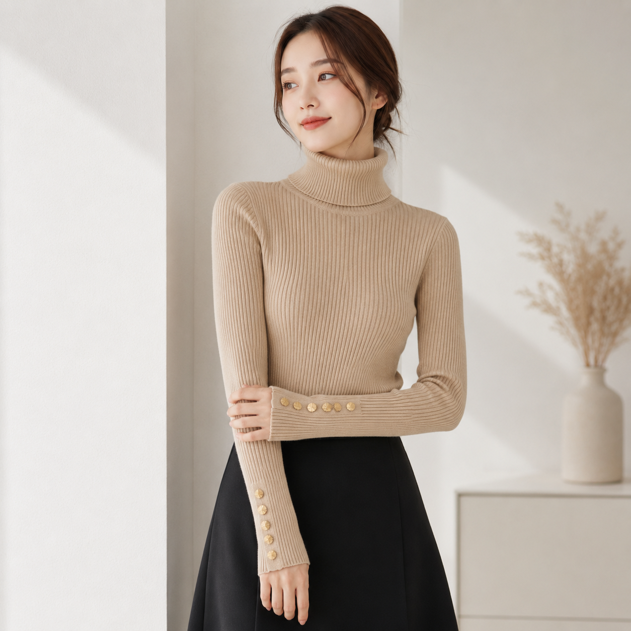 Women's Turtleneck Knit Sweater with Buttons | Winter Sweater 5