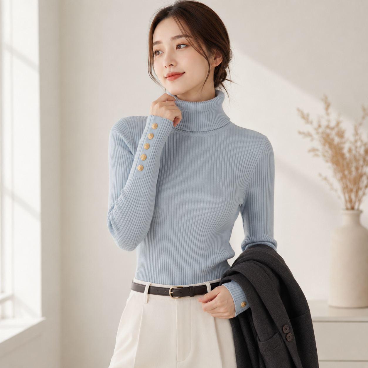Women's Turtleneck Knit Sweater with Buttons | Winter Sweater 6