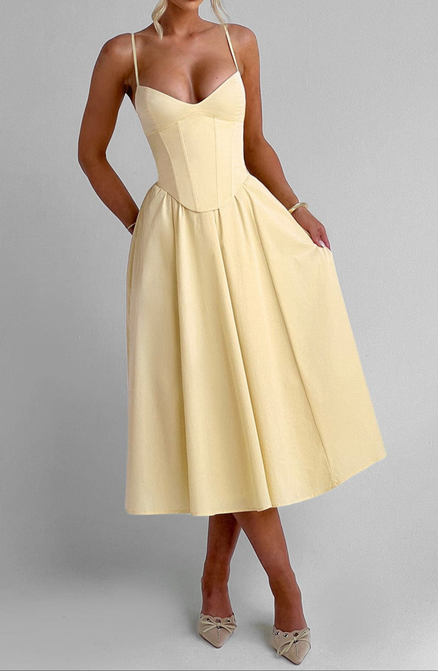 Yellow A-Line Midi Dress | Women's Cocktail Dress 3